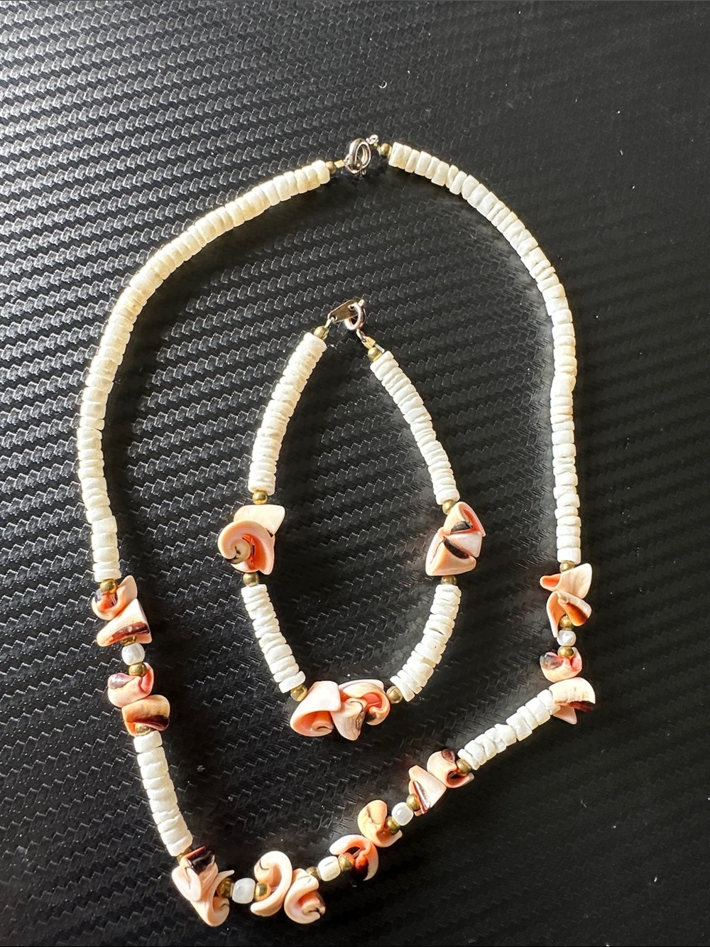 Cream and Orange Shell Accent Beaded Necklace and bracelet set